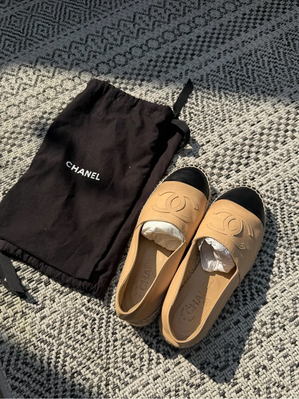 CHANEL Beige Leather Espadrilles with Black Cap Toe
